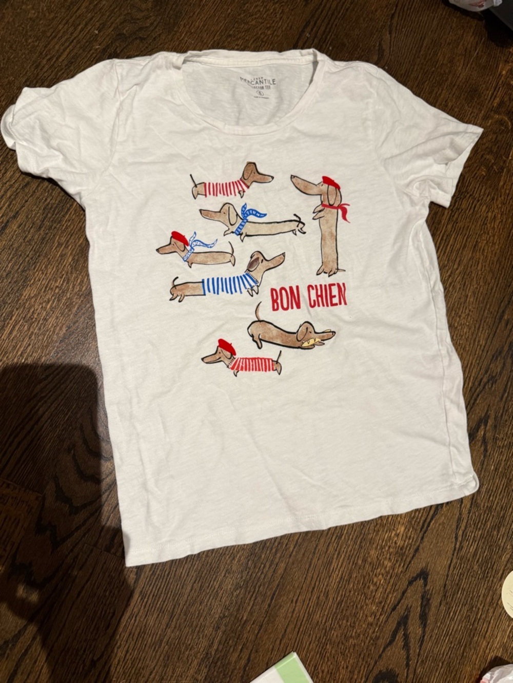 J. Crew Mercantile White Short Sleeve Tee with Dachshund 'Bon Chien' Print